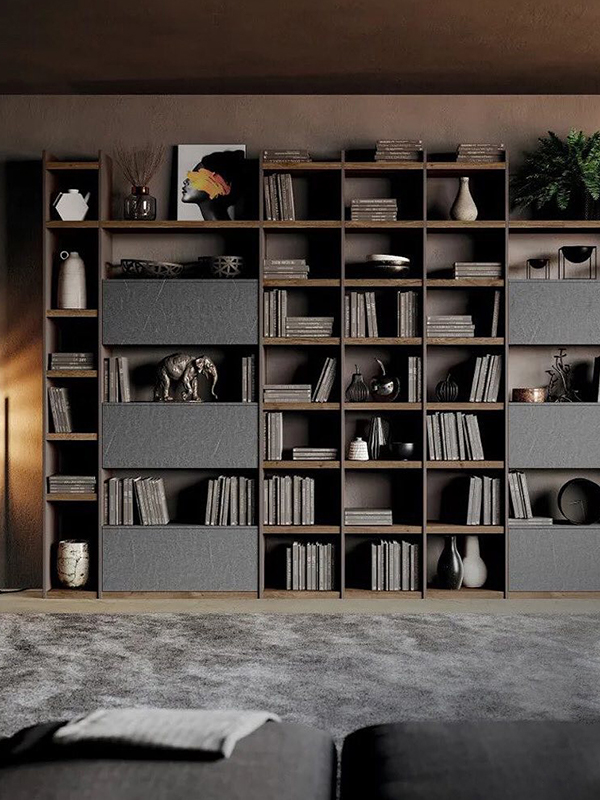 photo of bookcase with grey accent panels